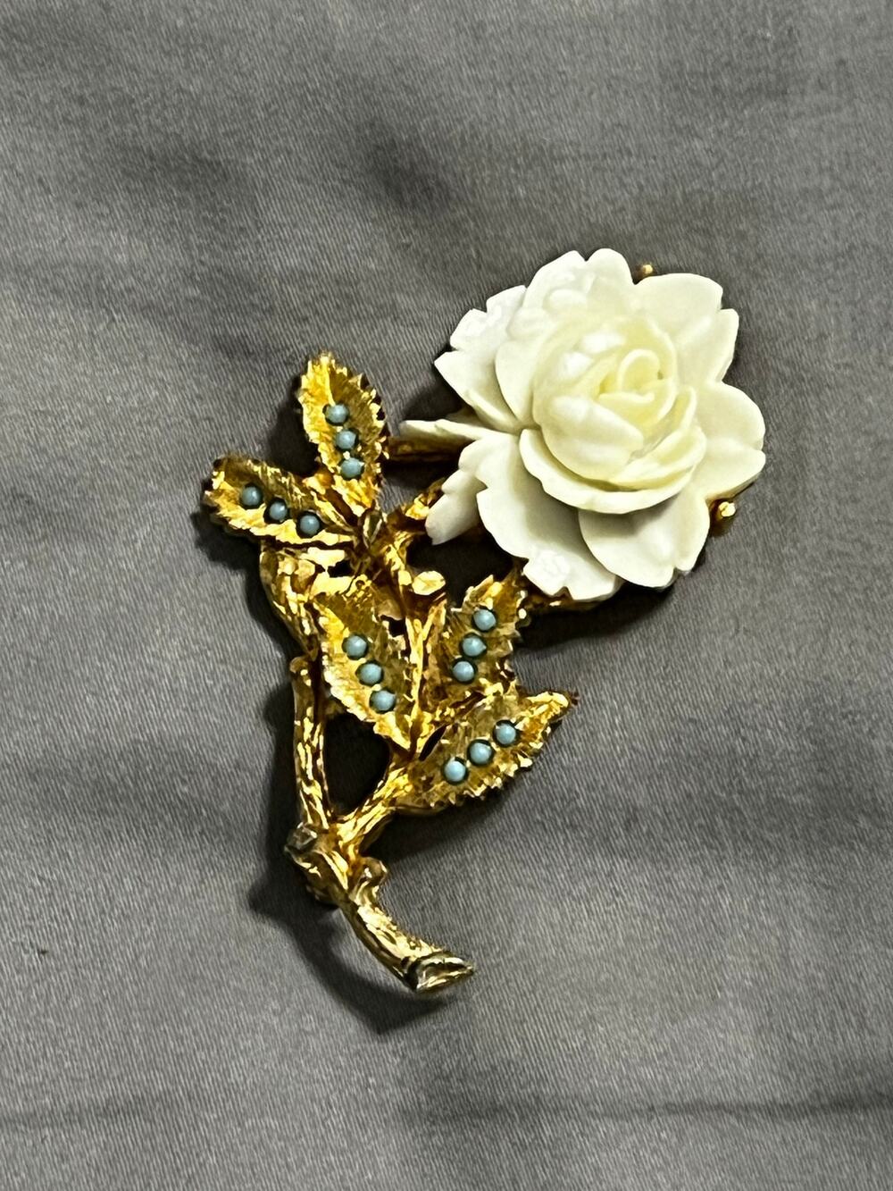 Vintage Carved Celluloid Rose Brooch Pin Gold Toned Leaves w/ Blue Accent Stones
